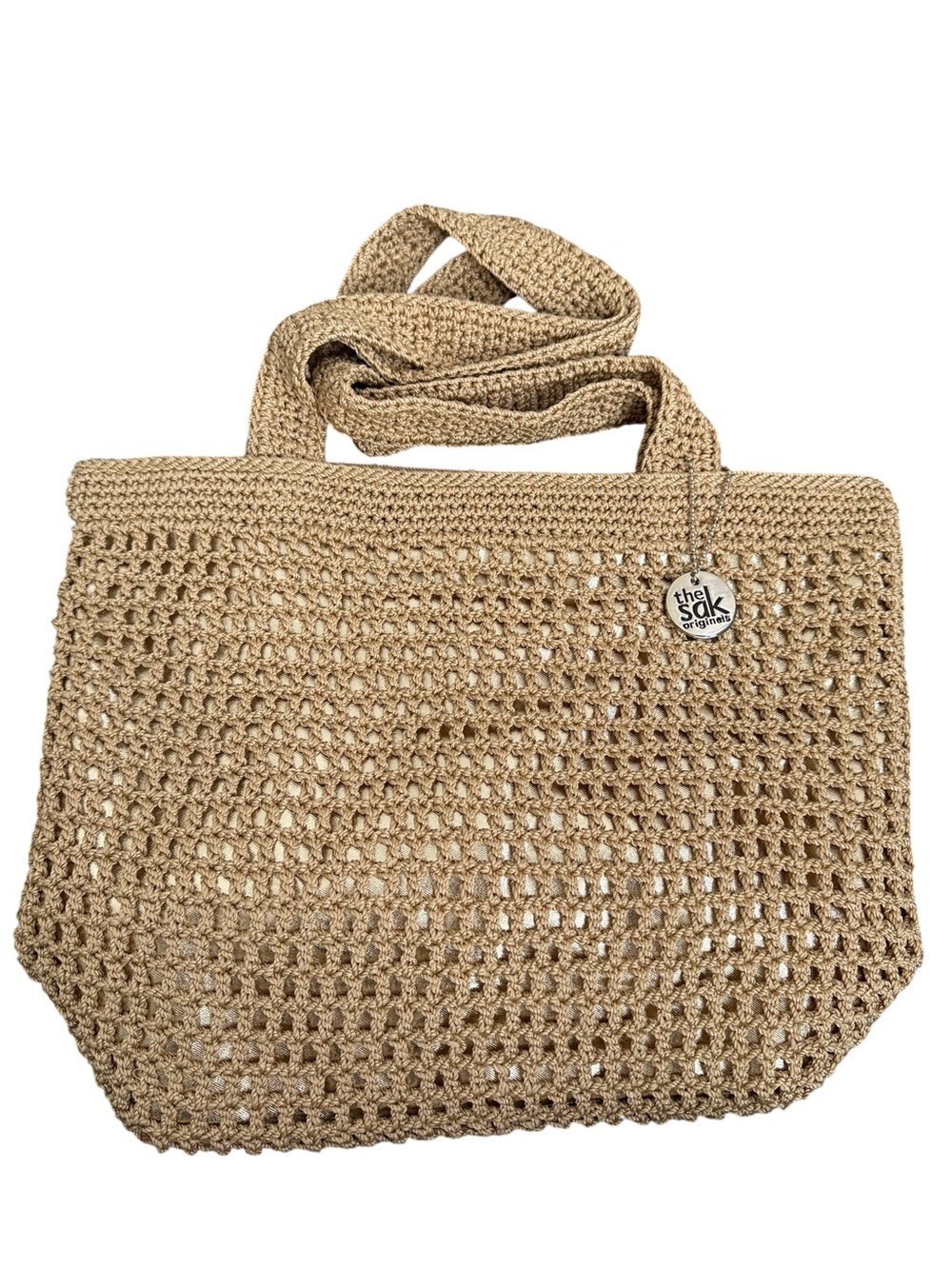 The Sak Crochet Tote Bag Beige Tan Metallic Lined Boho Shoulder Handbag - Picture 3 of 13